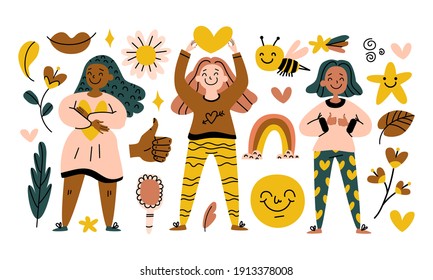 Cute hand drawn women and  funny elements. Love, self care, positive, happiness concept. Happy Eps collection isolated on white. Vector stock set of positive illustrations. Women love yourself big set