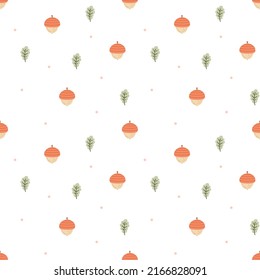 Cute hand drawn woodland theme seamless vector pattern. Kawaii background with acorns, leaves, polka dots for kids room decor, nursery art, wrapping paper, fabric, gift, textile, wallpaper, apparel.