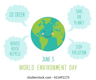 Cute hand drawn World Environment Day card with smiling character of the planet Earth with speech bubbles and hand written text
