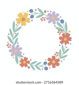 Linda corona dibujada a mano con flores y hojas boho