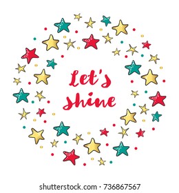 Cute hand drawn wreath with colored stars isolated on white background. Vector illustration.