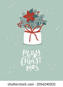 Cute hand drawn and written Christmas design, lovely floral elements, poinsettia, holly berry and branches, great for invitations, banners, wallpapers, cover images - vector design