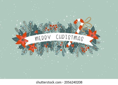 Cute hand drawn and written Christmas design, lovely floral elements, poinsettia, holly berry and branches, great for invitations, banners, wallpapers, cover images - vector design