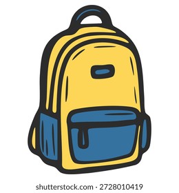 Mochila amarela desenhada à mão bonita com bolsos azuis. Ilustração temática de escola e educação perfeita para aprender, viajar, estudante e conceitos de infância.