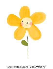 Cute Hand Drawn Yellow Flower. Lovely Nursery Vector Art with Happy Smiling Flower on a White Background. Infantile Style Kawaii Print ideal for Kids' Room Decoration. Lovely Print for Children. RGB.