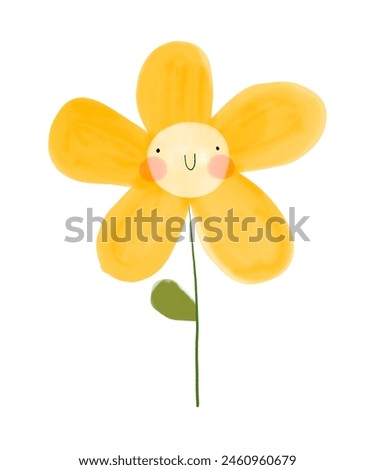 Cute Hand Drawn Yellow Flower. Lovely Nursery Vector Art with Happy Smiling Flower on a White Background. Infantile Style Kawaii Print ideal for Kids' Room Decoration. Lovely Print for Children. RGB.