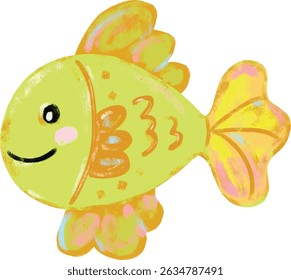 Cute hand drawn yellow green orange colorful vibrant bright neon colors fish doodle sea ocean beach animals illustration kids seafood sand summer season clipart crayon watercolour sticker design