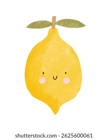 Cute Hand Drawn Yellow Lemon On A White Background. Vector Illustation Of Childish Drawing-like Smiling Citrus. Nursery Art With Kawaii Style Happy Fruit. Kids Room Decoration With Funny Fruit. RGB.