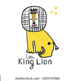 Cute hand drawn yellow little king lion  with stars isolated on a white background. Funny doodle animal. Cartoon sitting king lion - kids vector illustration. Ideal for baby room, clothes, birthday.