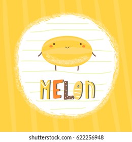 Cute Hand Drawn Yellow Melon Character With Abstract Elements, Stripes And Lettering Quote Melon. Educative Flash Card, Postcard, Background For Children. Fruit Character Background