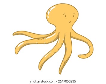 cute hand drawn yellow octopus isolated on white background. Good for posters, prints, cards, stickers, nursery decor, kids apparel, sublimation, etc. sea life doodle, clipart. EPS 10
