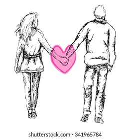 cute hand drawn young couple on a walk