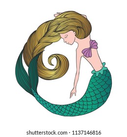 Cute hand drawn young mermaid. Beautiful cartoon character mermaid girl with gold hair isolated on white background. Vector illustration.