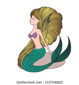 Cute hand drawn young mermaid. Beautiful cartoon character mermaid girl with gold hair isolated on white background. Vector illustration.