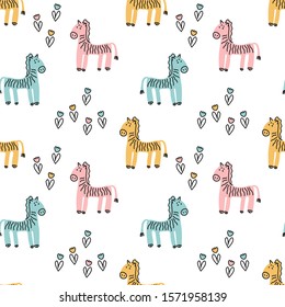 Cute hand drawn Zebra, flowers. Vector seamless pattern with animals on white background. Decorative fabrics, Wallpapers, covers for children .