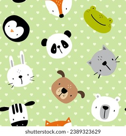 Cute hand drawn zebra, fox, dog, bear, kitten, bunny, panda, penguin, frog face on a polka dot green heart shaped background. Kids seamless pattern for textile, fabric, for boy and girl.