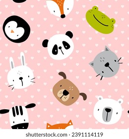 Cute hand drawn zebra, fox, dog, bear, kitten, bunny, panda, penguin, frog face on a polka dot pink heart shaped background. Kids seamless pattern for textile, fabric, for boy and girl.