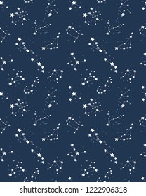 Cute Hand Drawn Zodiac Vector Pattern. White Stars and Zodiac Signs on a Dark Blue Background. White Stars on Blue Sky. Childish Style Illustration. Starry Blue Night Sky.Abstract Zodiac Vector Signs.