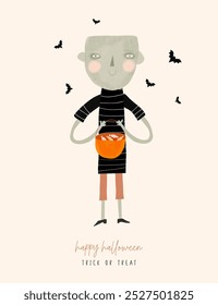 Cute Hand Drawn Zombie Holding Basket with Candies. Boy in a Zombie Costume and Flying Bats on a Light Beige Background. Halloween Card. Trick or Treat. Halloween Vector Illustration. RGB.