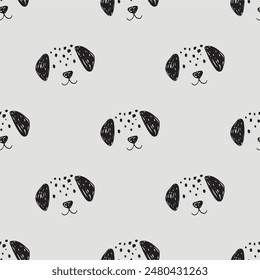 Cute hand drawndog face. Seamless pattern with pet in doodle style