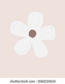 Cute Hand DrawnVector Illustration with Simple White Brush Flower Isolated on a Light Blush Pink Background. Oil Painting Style Print with Abstract Blooming Flower ideal for Wall Art, Card, Poster.