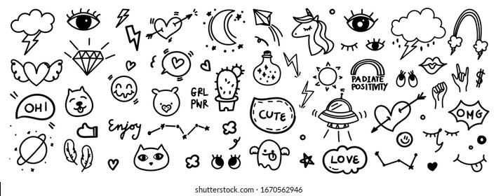 Cute hand drown doodle set, Vector doodle for kids and design element for prints, cards, invitation, flyer and poster.