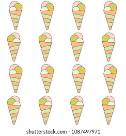 Cute hand drown ice cream cone pattern. Vector ice cream horn iterative pattern isolated on white backdrop. Waffle dessert icon ornament in pink, orange and gray colors for brochure print.