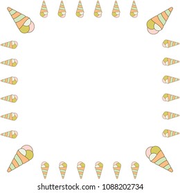 Cute hand drown ice cream cone frame.  Vector ice cream horn border isolated on white background. Waffle dessert frame in pink, orange and creen colors for fashion illustration bezel print.