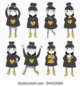 Cute hand drown sticker set with girl in gold. Emoji collection