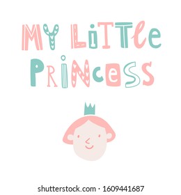 Cute hand drown vector lettering with little princess. Doodle kawaii character with crown for print, textile, postcard. Childish design illustration