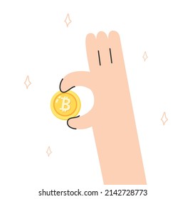 Una mano linda agarrando una moneda de criptografía plana ilustración vectorial aislada en fondo blanco. Ganar en criptodivisa. Financiación de criptodivisa.