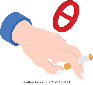 Cute Hand Holding ecigs with Stop Signage isometric Concept, Smoking not allowed in Public spaces Vector icon Design, No Tobacco day Symbol, Quit smoking Sign, Cigarette or Smoker Stock Illustration