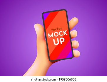 Cute hand holding mobile smart phone. Modern mockup. Vector illustration