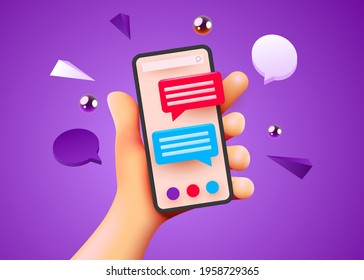 Cute hand holding phone with short messages. Chatting with friends and sending messages. Colorful speech bubbles boxes on smartphone screen. Vector illustration.