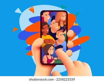 Cute hand holding smartphone with many happy faces. The concept of friendship and social networks. Vector illustration