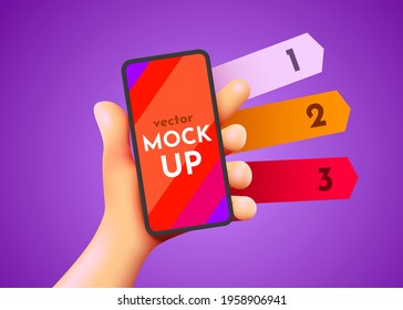 Cute hand holding smartphone mockup. Mockup with three options. Mobile info concept. Vector illustration.