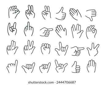 Cute hand icon set of various shapes, icons as fingers interaction, pinky swear, forefinger point, greeting, pinch	