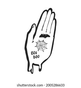 Cute hand illustration. Tattoos on the palm of a spider web, bats. Mystical drawing for the holiday of Halloween. Isolated on white background. 