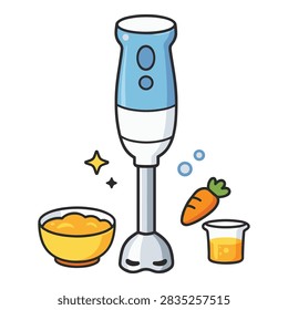 Cute hand immersion blender vector illustration with soup bowl carrot and juice cup on white background. Perfect for baby food recipes culinary blogs cooking apps and kitchen tool stickers.