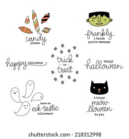 Cute Hand Lettered Punny Halloween Phrases, Sentiments, and Hand Drawn Icons