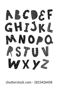 Cute hand lettering alphabet for nursery posters, prints, cards, stickers, signs, etc. Isolated textured capital typography letters on white background. EPS 10