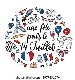 cute hand lettering quote for Bastille Day decorated with doodles for greeting cards, prints, posters, invitations, banners, stickers, etc. France, travel, tourism theme. EPS 10