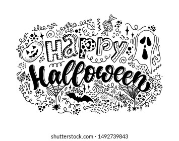 cute hand lettering quote 'Happy Halloween' decorated with sketched doodles on white background. Greeting card, print, poster, banner, invitation template. EPS 10