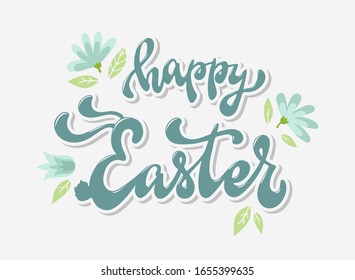cute hand lettering quote 'Happy Easter' decorated with flowers on white background. Good for posters, banners, greeting cards, prints, invitations, sale, logo, signs, etc. EPS 10
