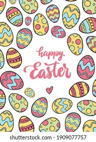 cute hand lettering quote 'Happy Easter' decorated frame of hand drawn eggs for prints, posters, greeting cards, invitations, templates, etc. EPS 10