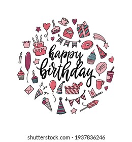 cute hand lettering quote 'Happy Birthday' decorated with doodles. Girls greeting card, print, stickers, poster, invitation design. EPS 10