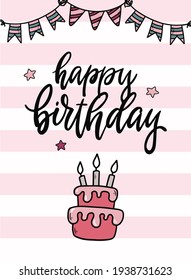 cute hand lettering quote 'Happy Birthday' on stripe background  for greeting cards, posters, prints, stickers, invitations, etc. EPS 10