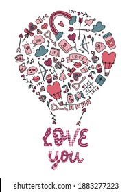 cute hand lettering quote 'Love you' decorated with Valentine's day doodles on white background. Good for cards, invitations, prints, posters, templates, etc. EPS 10