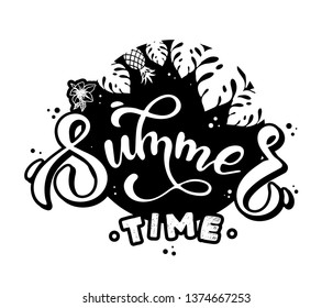 Cute hand lettering quote "Summer vibes" decorated by tropical leaves, flowers and fruit. Perfect for prints, cards, banners, stickers, etc. EPS 10