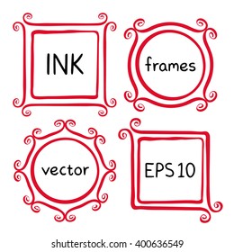Cute hand made frames set painted with ink brush. Frames with whimsical swashes. Hand drawn doodle picture frames. Elements for baby shower, wedding invitations, scrapbook. Doodle vector illustration